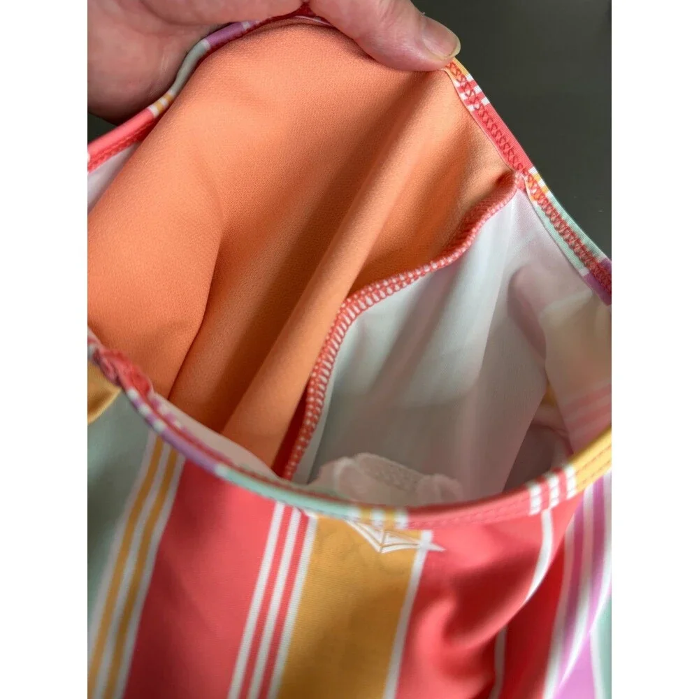 Roxy Girl Size 16 Cropped Striped Rashguard Sunkissed Coral Salty Sunset EUC
